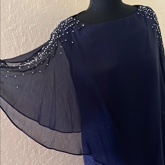 JCPenney Navy Blue Midi Dress with Embellished beaded Shoulders‎ - Picture 3 of 10